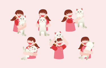 Obraz na płótnie Canvas Bundle of lovely girl and cute cat cartoon vector