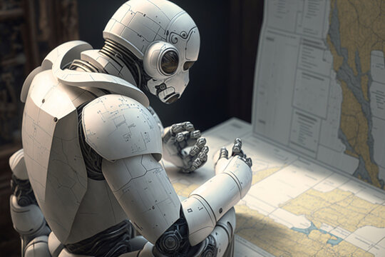 a white robot with artificial intelligence reading a paper map, generated by IA,