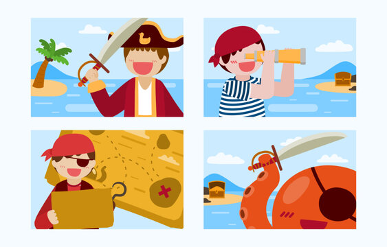 Bundle set of pirate man and salad boy cartoon vector