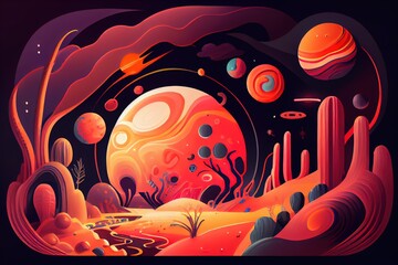 Obraz premium Night view from alien planet, colorful neon space background with many planets in starry sky, cartoon extraterrestrial landscape - Generative ai