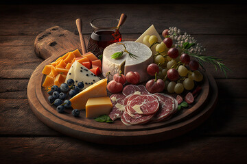 Realistic plate with meats and cheese selection concept, idea. Delicious and beautiful food appetizers. Ai generated.