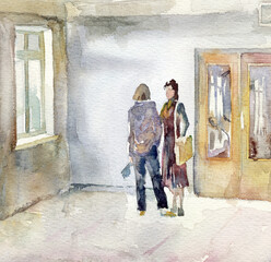 Watercolor painting. Big school hall