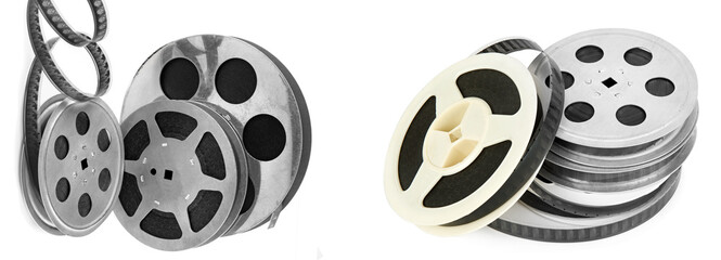 Film reel isolated on white. Collage. Wide photo.