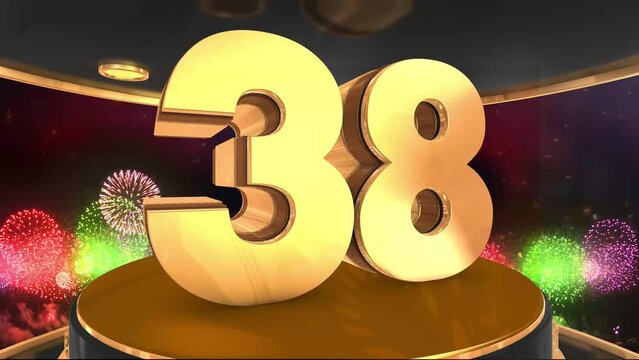 38th birthday animation in gold with fireworks background, 
Animated 38 years Birthday Wishes in 4K 