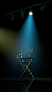 Animation of wooden director chair in dark stage with colorful flickering spotlights on it. 3d rendering.