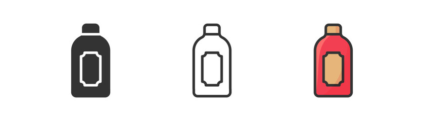 Shampoo bottle icon on light background. Cosmetics symbol. Shower,  hygiene, bathroom, bath, shower gel, foam signs. Outline, flat, and colored style. Flat design. Vector illustration.