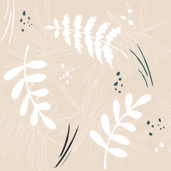 Botanical background of abstract palm leaves. Hand drawn seamless pattern summer tropical Sketchy drawing of white outlines and pastel colors. Printing on wallpaper, cover, textile, paper
