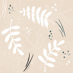 Fototapeta premium Botanical background of abstract palm leaves. Hand drawn seamless pattern summer tropical Sketchy drawing of white outlines and pastel colors. Printing on wallpaper, cover, textile, paper