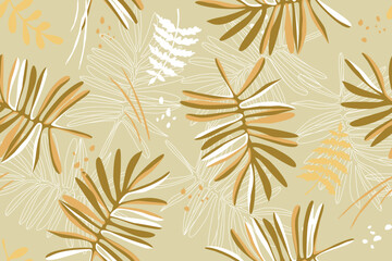 Fototapeta premium Botanical beige brown background of abstract palm leaves. Hand drawn seamless summer tropical pattern Sketchy pattern in white outlines and pastel colors. Printing on wallpaper, cover, textile, paper
