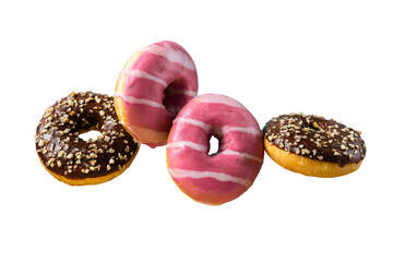 Donuts with chocolate and pink frosting with trasparent background
