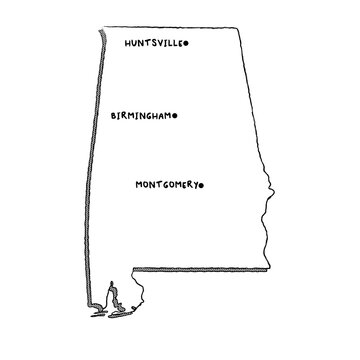 Vector hand drawn map of Alabama AL with main cities. US States black and white illustrated map. Full vector global color swatch different layer for ease of use