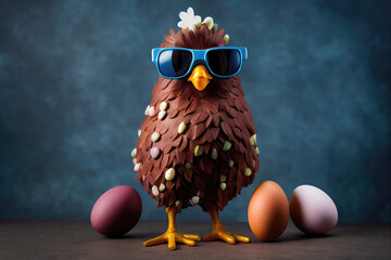 Cute chocolate easter chicken in sunglasses and easter eggs, Generative AI funny easter background