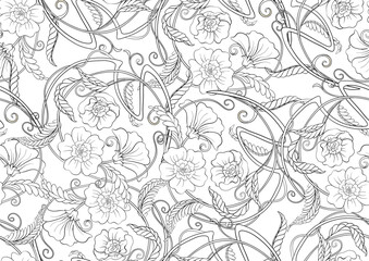 Fototapeta na wymiar Decorative flowers and leaves in art nouveau style, vintage, old, retro style. Seamless pattern, background. Vector illustration. In art nouveau style, vintage, old, retro style.