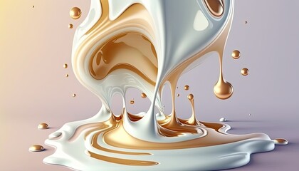 Creamy and thick liquid light brown and white splashing on color background. Generative AI