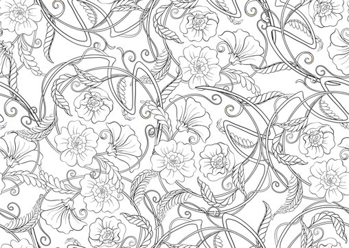 Decorative flowers and leaves in art nouveau style, vintage, old, retro style. Seamless pattern, background. Vector illustration. In art nouveau style, vintage, old, retro style.