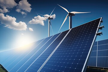Solar panels and wind turbines generating electricity in power station. Green energy concept. Generative AI illustration.