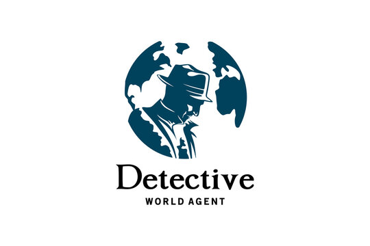 Detective man logo silhouette design with a blend of world icons, detective man design inspiration