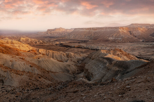Panorama of the Zin Gorge in the Negev desert from the settlement of Midreshet Ben Gurion, southern Israel.