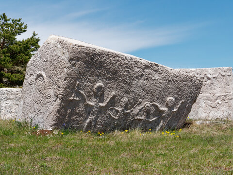 Stecci Medieval Tombstones Graveyards Dugo Polje in Blidinje, BiH. Unesco site. Historic place of interest. The tombstones feature a wide range of decorative motifs and inscriptions.