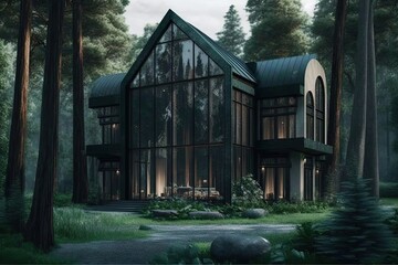 Big luxury house in the forest. Generative AI illustration.