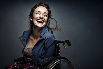 Fototapeta na wymiar Happy woman in wheelchair laughing. Generative AI illustration.