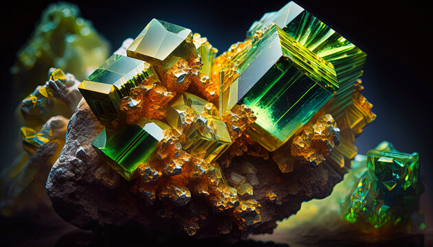 Glowing Adamite crystal. Green reflective mineral in nature. Created with Generative AI