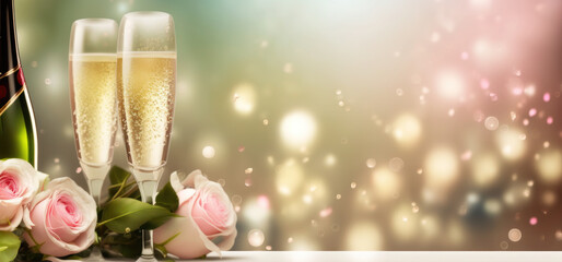 two champagne glasses with flowers and roses. romantic celebration and valentine day concepts. generative ai