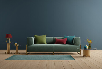 Living room in modern style with green sofa colourfull pillow wooden floor and blue wall background.3d rendering