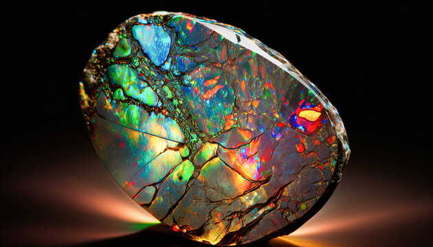 Opal crystal with rainbow colors. Black background. Created with Generative AI