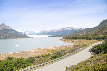 Landscape of Lake Argentino with glaciers in the background and snowy mountains