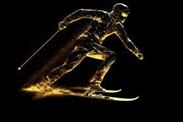 Fototapeta na wymiar skiing man with golden silhouette, ai