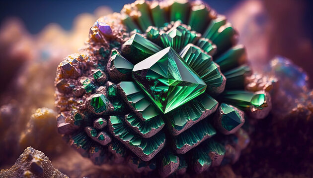 Green gem macro photography. Zoisite crystal. Created using Generative AI