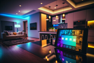 Smart home with high technology tablet in a modern house. Generative AI.