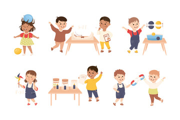Little Children Working on Physics Science Experiment Vector Set