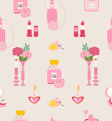 Valentine's Day cute objects and elements seamless pattern vector: heart, perfume, earring, candle, flower, lipstick. Woman accessories illustration for card, fabric, wallpaper or wrapping paper