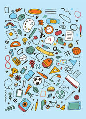 Back to school vector set of bright elements. Educational clipart. School supplies. Cute flat style classroom objects. Ready for school stuff. Back to school. Vector illustration