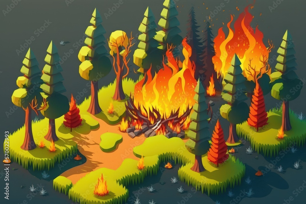 Wall mural Aerial view Fire in the forest burning trees and grass Natural fires. Generative AI