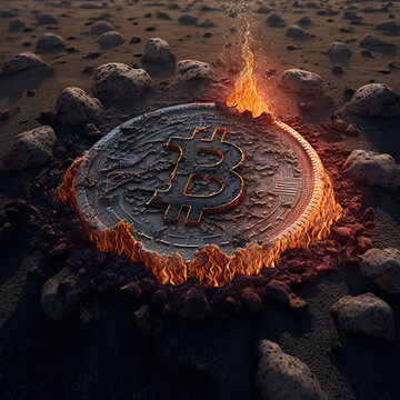 Burning bitcoin logo among rocks