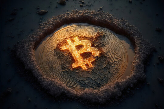 Glowing bitcoin logo on round shaped surface