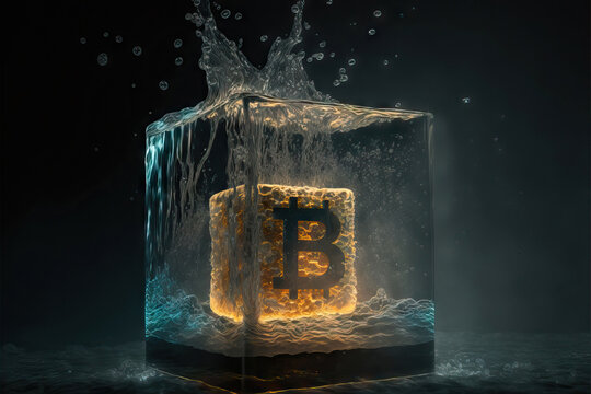 Transparent cube with bitcoin logo and splashes