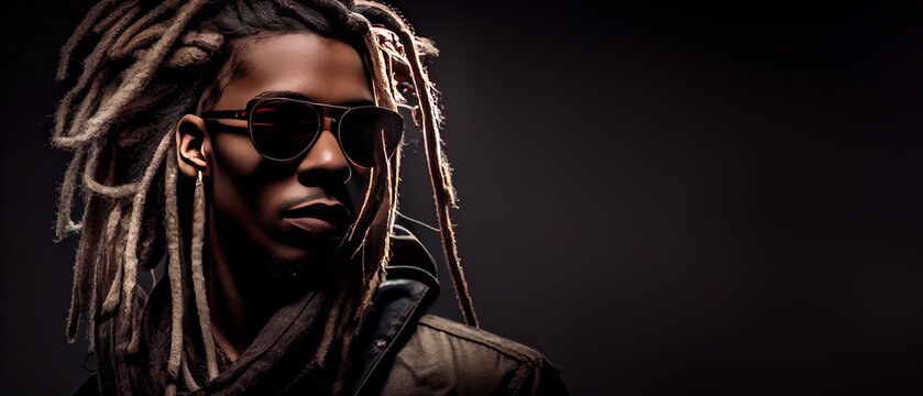 close up portrait of young man wearing sunglasses and dreadlocks isolated on dark background with copy space. Wide angle format banner. Generative AI