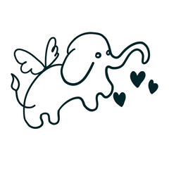 Happy Valentine Day. Lovely Elephant Cupid Amur in outline doodle isolated on white background.