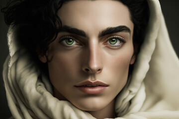 Close-up portrait of a beautiful young androgynous person wearing a white hood, with black hair and green eyes on a green background - not based on a real person, Generative AI