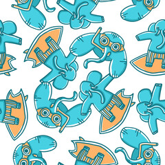 Elephants surfers seamless pattern. Vector illustrations in cartoon flat flat style isolated on white background.