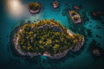 Aerial view of island,  from above. Drone photography, Generative AI