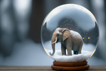 Elephant in a snow globe on blurred background, copy space for text, generative AI.