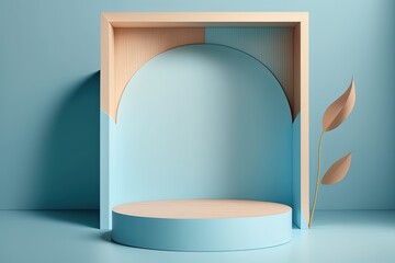 Empty exhibition podium in pastel blue color, podium for product, digital illustration, Generative AI