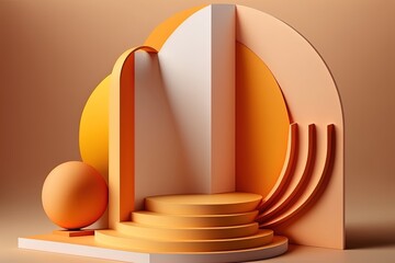 Empty exhibition podium in pastel orange color, podium for product, digital illustration, Generative AI