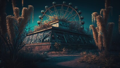 Abandoned amusement park in destroyed post apocalyptic world. City ​​catastrophe landscape background - obrazy, fototapety, plakaty