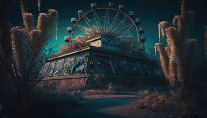 Photo sur Plexiglas Parc dattractions Abandoned amusement park in destroyed post apocalyptic world. City ​​catastrophe landscape background